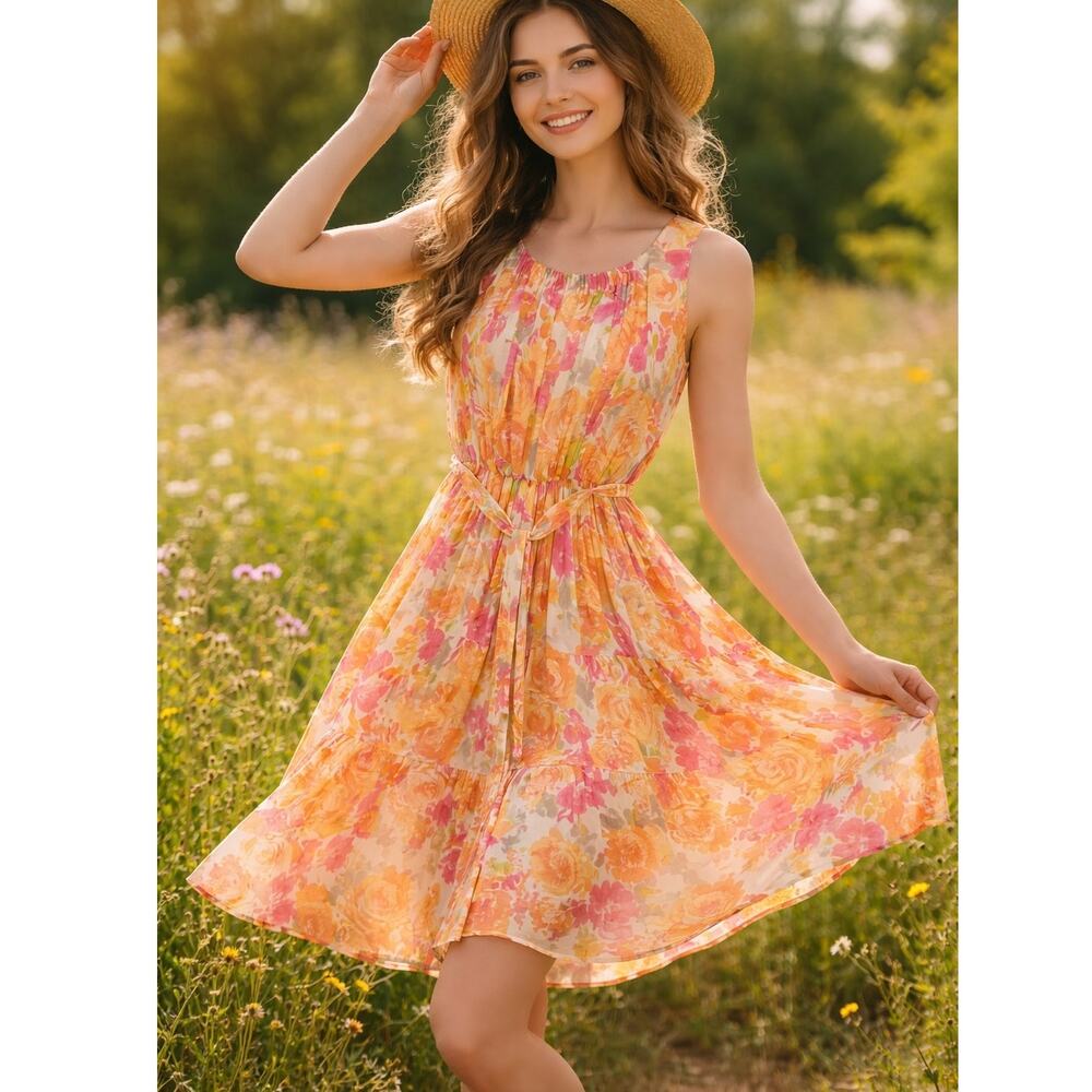 Garnet Hill Pink Peach Floral Silk Dress & Sash Belt XS Fairy Whimsy Baby Shower
